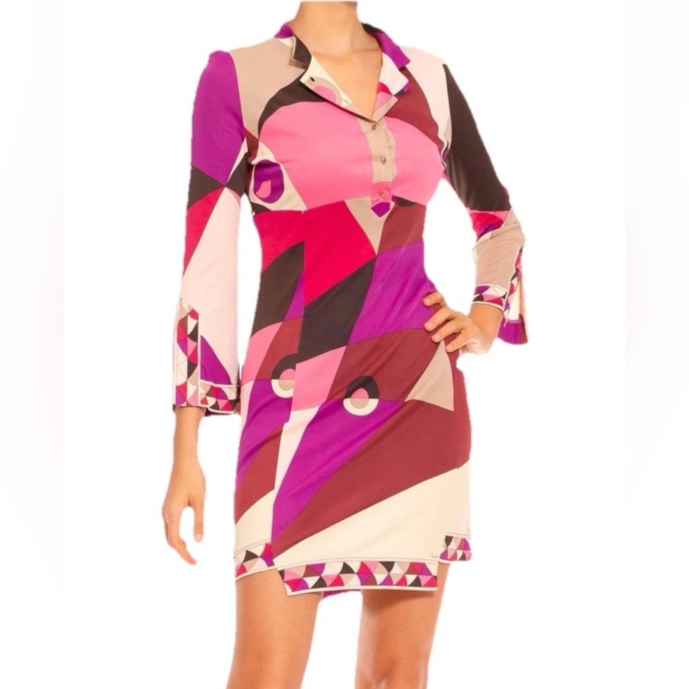Y2K Emilio Pucci Pink & Purple Psychedelic Print Long Sleeve Shift Dress Italy 4
